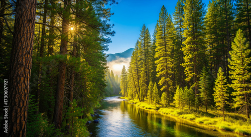 Lush River Vista: A serene river meanders through a vibrant forest, sunlight filtering through the trees, creating a captivating display of nature's beauty. 