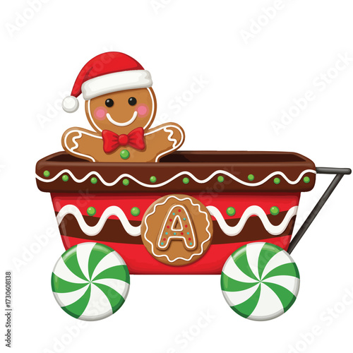 A cheerful gingerbread man in a Santa hat riding in a red Christmas candy train car with peppermint wheels.