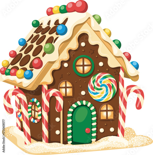 Cartoon gingerbread house illustration, festive candy decoration, Christmas holiday treat design, sweet dessert structure, colorful icing art, winter celebration concept, playful edible scene