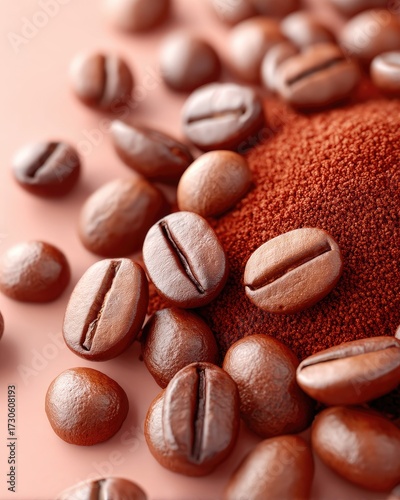 Macro Close Up Of Roasted Coffee Beans And Ground Coffee On Peach Background