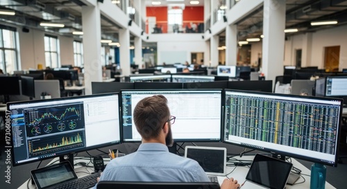 A man working at a desk in a modern office with multiple computer monitors displaying financial data.