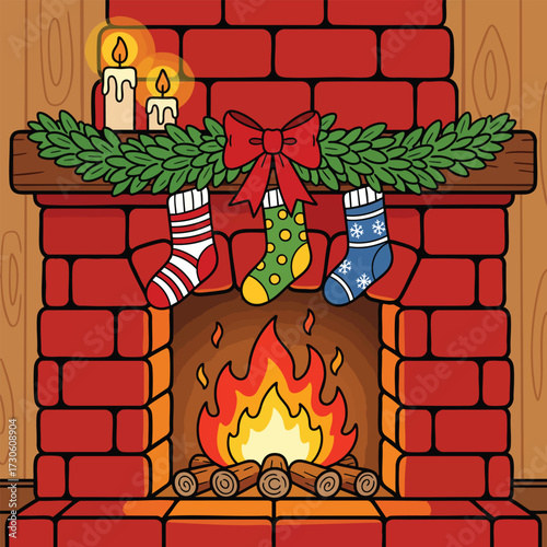 A festive cartoon brick fireplace decorated with a garland bow candles and three colorful Christmas stockings.