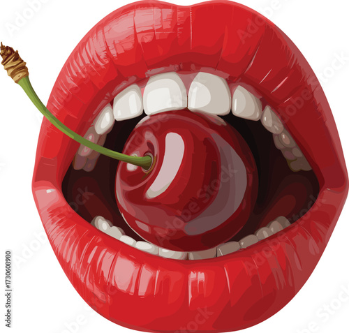 Glossy red lips with cherry, sensual pop art illustration, bold mouth design, juicy fruit detail, vibrant color concept, stylish fashion artwork