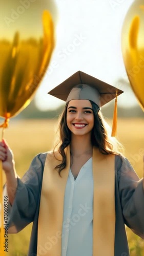 Young graduate holding balloons celebrating achievement outdoors in sunlight