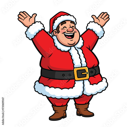 A jolly cartoon Santa Claus character laughing with arms raised in a welcoming gesture.