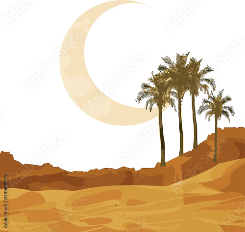 This illustration shows a desert landscape with golden sand dunes, tall palm trees, and a large glowing crescent moon set against a dark night sky.