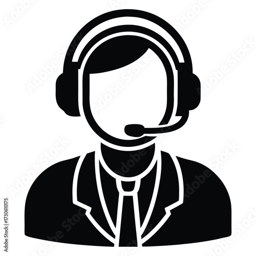 Black and white silhouette of a person wearing a headset and suit microphone