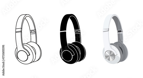 Set of headphones in black white and outline styles vector illustration for audio equipment and music concepts isolated on white background