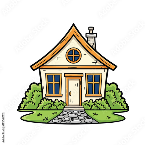 Charming cartoon house illustration with a stone path and green bushes.