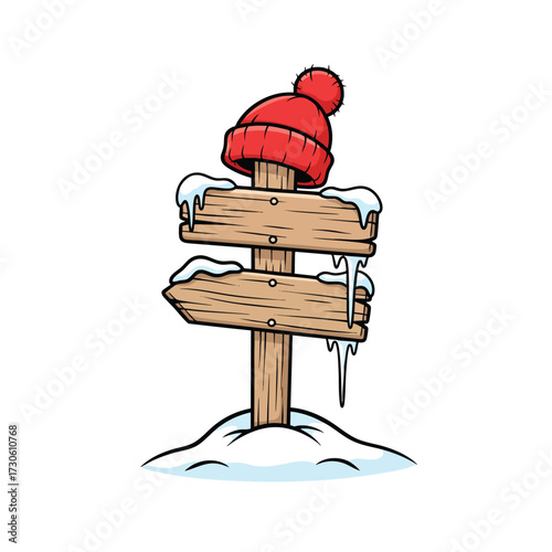 Cartoon wooden signpost in the snow wearing a red winter beanie hat with a pompom.