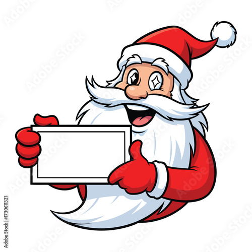 Cheerful winking cartoon Santa Claus holding a blank sign and giving a thumbsup.