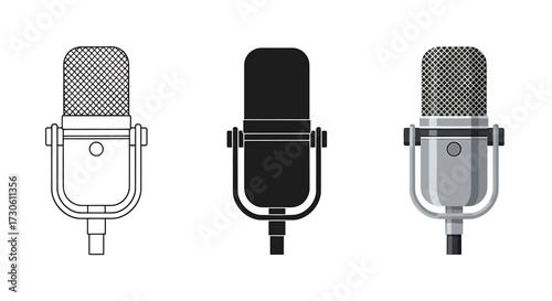 Microphone vector illustration set in outline solid black and realistic styles perfect for podcasting recording or broadcasting applications