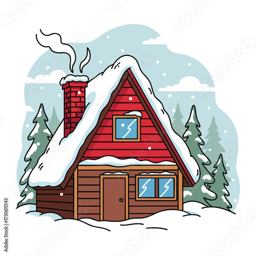 Cozy red Aframe cabin with a smoking chimney in a snowy winter forest illustration.