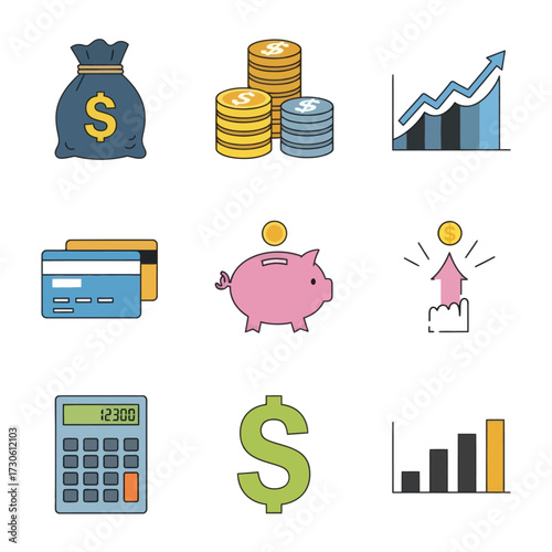Boost your financial success with these vibrant icons representing money, savings, growth, and smart spending for modern business presentations.