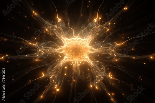 Bright golden explosion of energy with glowing strands on a dark background