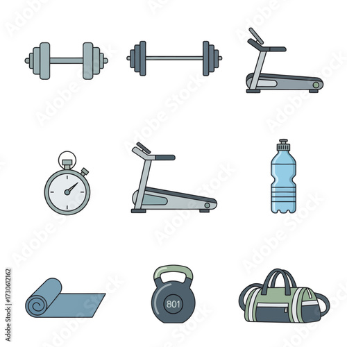 Achieve your fitness goals with this collection of modern gym essentials including treadmills, dumbbells, and workout gear for a healthy lifestyle.