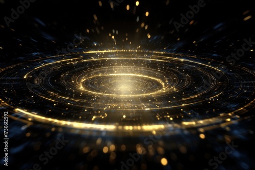 Swirling golden vortex in a cosmic scene with luminous particles and dark background