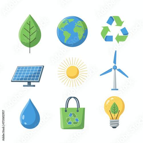 Embrace sustainable living with this vibrant collection of eco-friendly icons, promoting a cleaner planet and a greener future for generations