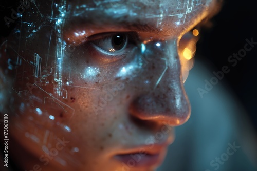 Young person with digital circuitry projected on their face in a dark environment displaying advanced technology