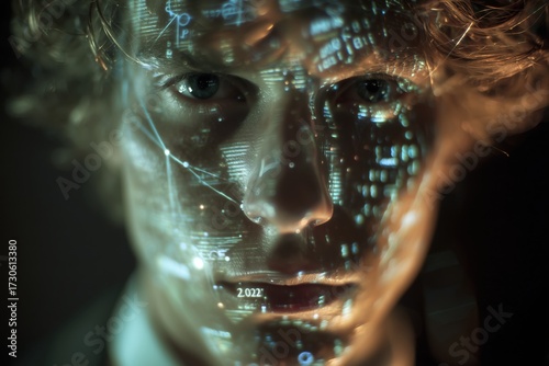 Facial projection of digital patterns on a young man's face in a dark room during a futuristic event