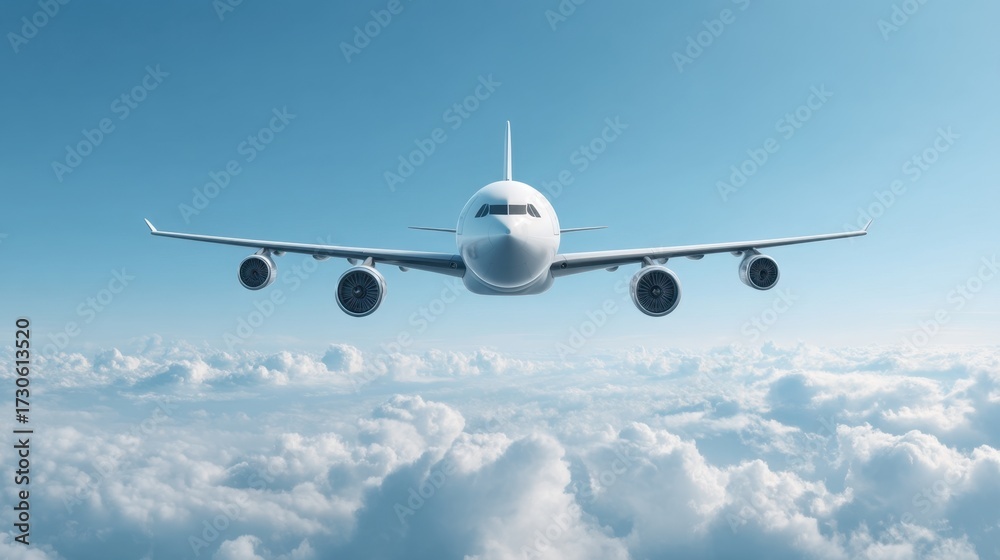 Fototapeta premium Large commercial airplane flying above white fluffy clouds in a clear blue sky during daylight, demonstrating air travel and aviation on a sunny day