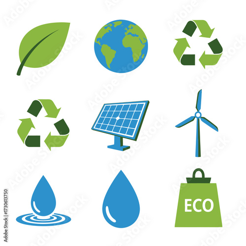 Vibrant ecology icons showcasing green initiatives for a sustainable future and environmental awareness campaigns emphasizing renewable resources and eco-friendly solutions
