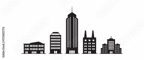 Diverse collection of modern buildings and skyscrapers forming a cityscape silhouette.