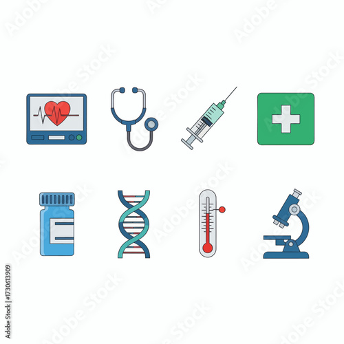 Essential medical icons depict healthcare innovation and scientific discovery for modern health and wellness concepts