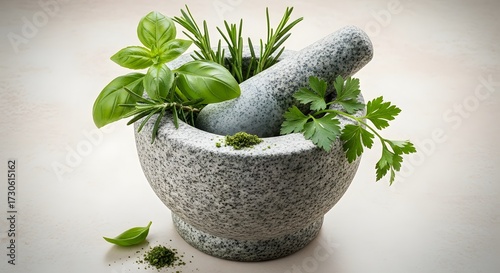 Mortar and pestle with fresh herbs