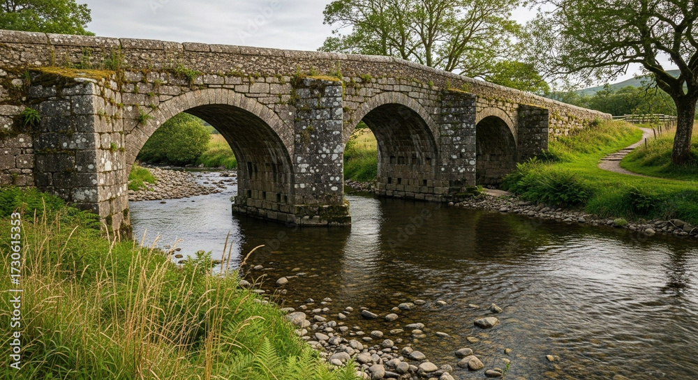 Fototapeta premium Historic stone arch bridge elegantly spans a tranquil river, surrounded by lush green landscapes and distant hills under gentle sky, embodying timeless rural beauty