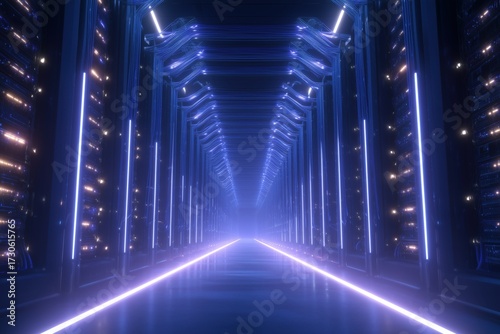 Futuristic corridor with glowing lights and technology extending into the unknown