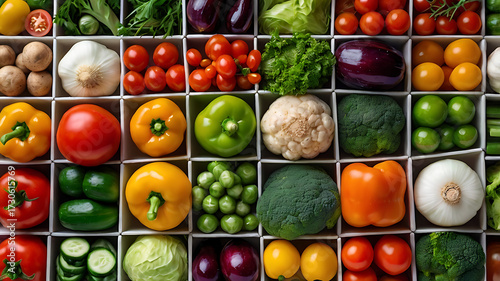 Ultra detailed assorted vegetables arranged in square grid on plain bright white backdrop for premium 8K stock images ideal for advertising campaigns, grocery store promotions, healthy lifestyle poste