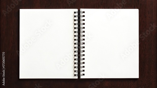 Open spiral bound notebook with blank white pages on wood