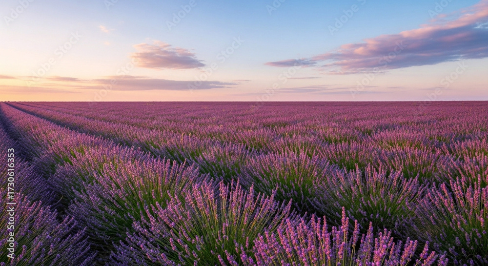 Obraz premium Lavender field at sunset in Provence, France, with rolling hills and a soft sky