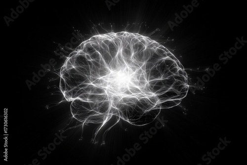 Artistic representation of a human brain with glowing neural connections and energetic light effects in a dark setting