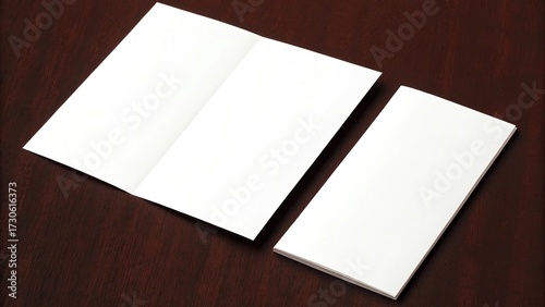 Blank folded brochure and a stack of paper on a dark wooden table
