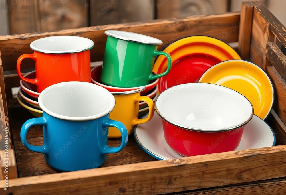 Fototapeta premium Vibrant enamel camping mugs, plates, and bowls in a rustic wooden crate, collection, vibrant