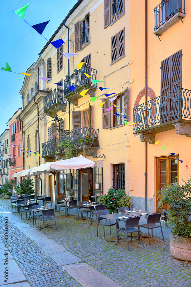 Fototapeta premium historical colorful buildings in city center of cuneo italy