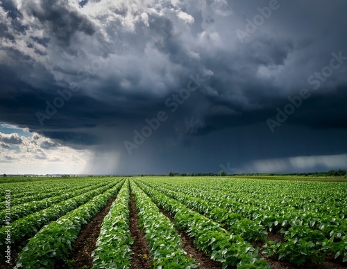 dark storm clouds over lush soybean fields with heavy rain in a rural landscape showcasing the impact of weather on agriculture