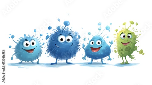 Cute Cartoon Germs Smiling and Splashing Watercolor Paint