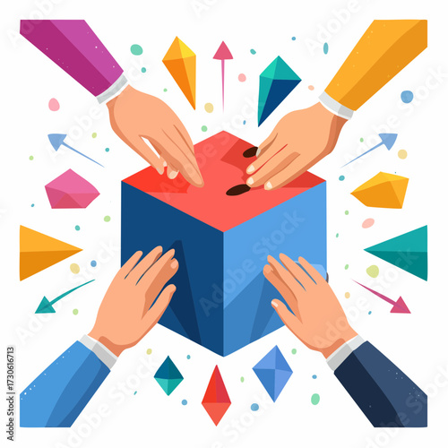 Team members collaborate to solve a puzzle using colorful shapes and hands in a creative workspace