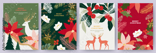Merry Christmas greeting card Set. Modern beautiful Xmas design with hand drawn Poinsettia flowers, holly berries, fir branches, snowflakes, deer and typography. Art banner, poster, cover templates.