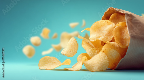 Bag of potato chips spilling out with crispy golden chips flying against blue background, creating dynamic and appetizing snack scene
