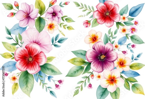 Vibrant watercolor floral set, delicate blooms & lush leaves in various shades, vibrant, yellow