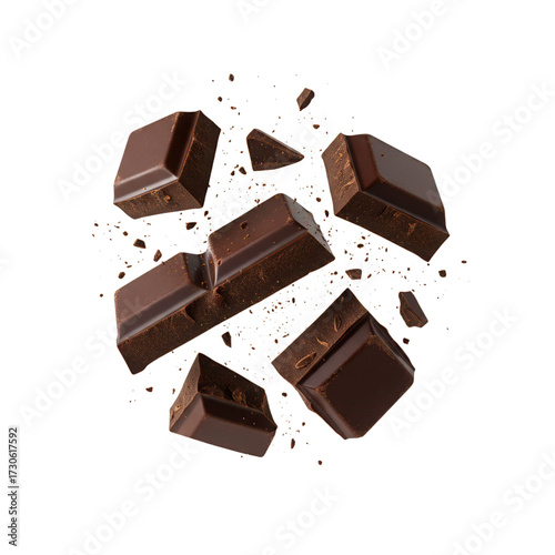Hyper realistic dark chocolate chunks floating with tiny particles-