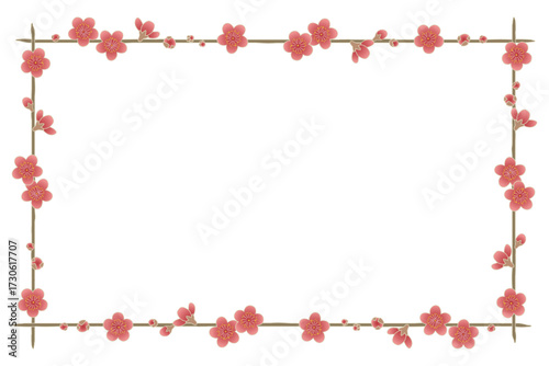Japanese plum blossom frame with red flowers and branches on transparent background, decorative border design for New Year and spring