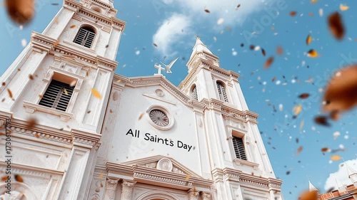 Beautiful white church on All Saints Day with a blue sky backdrop.