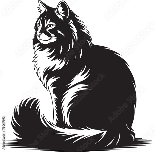 Majestic long haired Norwegian cat sitting with a watchful gaze