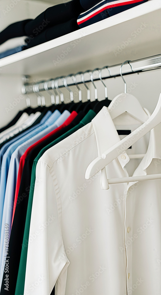 Obraz premium Shirts hanging neatly in wardrobe. A minimalist shot of closet organization. Home styling, contemporary living, personal style.
