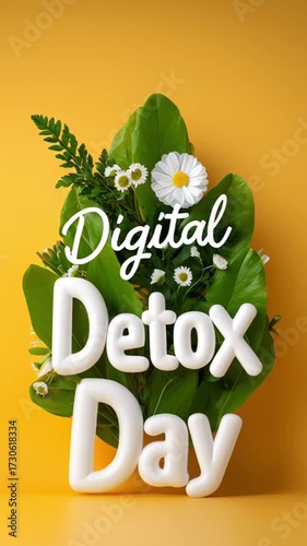 Digital Detox Day with vibrant foliage and flowers on a yellow backdrop.